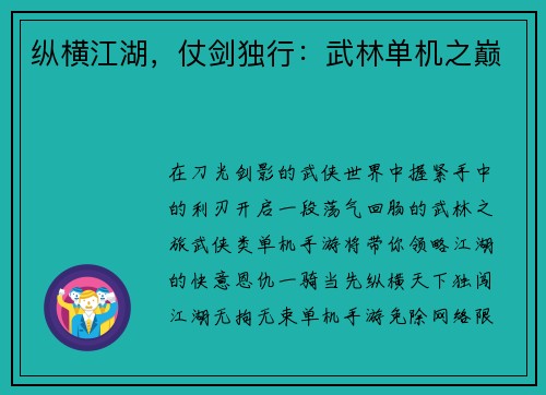 纵横江湖，仗剑独行：武林单机之巅